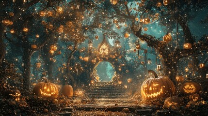 Sticker - Enchanted Halloween Forest with Jack o Lanterns and Fairy Lights