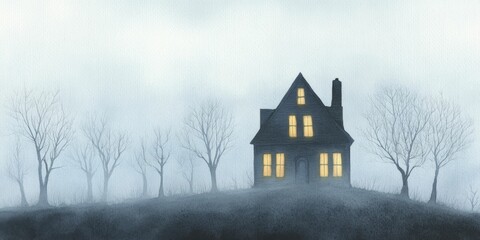 Sticker - A watercolor haunted house with glowing windows sparks curiosity and evokes a sense of longing for the past.