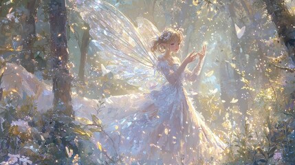 Poster - Fairy with Wings in Enchanted Forest  Fantasy Artwork  Magical Nature