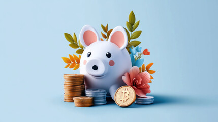 Wall Mural - Cute white piggy bank surrounded by stacks of coins and a Bitcoin, adorned with colorful flowers on a blue background.