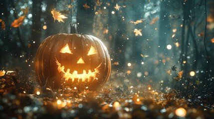 Sticker - Glowing Jack o  lantern in Autumn Forest with Falling Leaves and Bokeh Lights