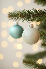 Wall Mural - Vintage Christmas ornaments hanging delicately on a tree, reflecting the soft light of flickering candles