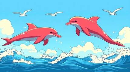 Two Pink Dolphins Leaping Over Ocean Waves