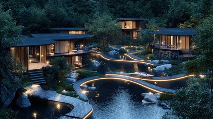 Sticker - Modern Luxury Villas with Serene Pond and Winding Pathways