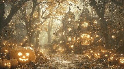 Wall Mural - Enchanting Halloween Night with Jack o Lanterns and a Glowing Forest Mansion