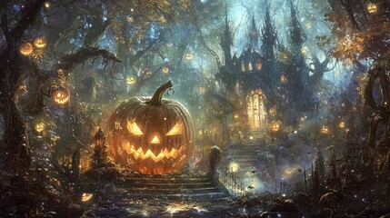 Sticker - Enchanting Halloween Forest With Jack O Lanterns And Mysterious Castle