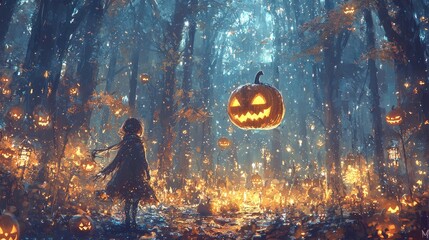 Wall Mural - Halloween Jack o  Lantern Forest with Girl