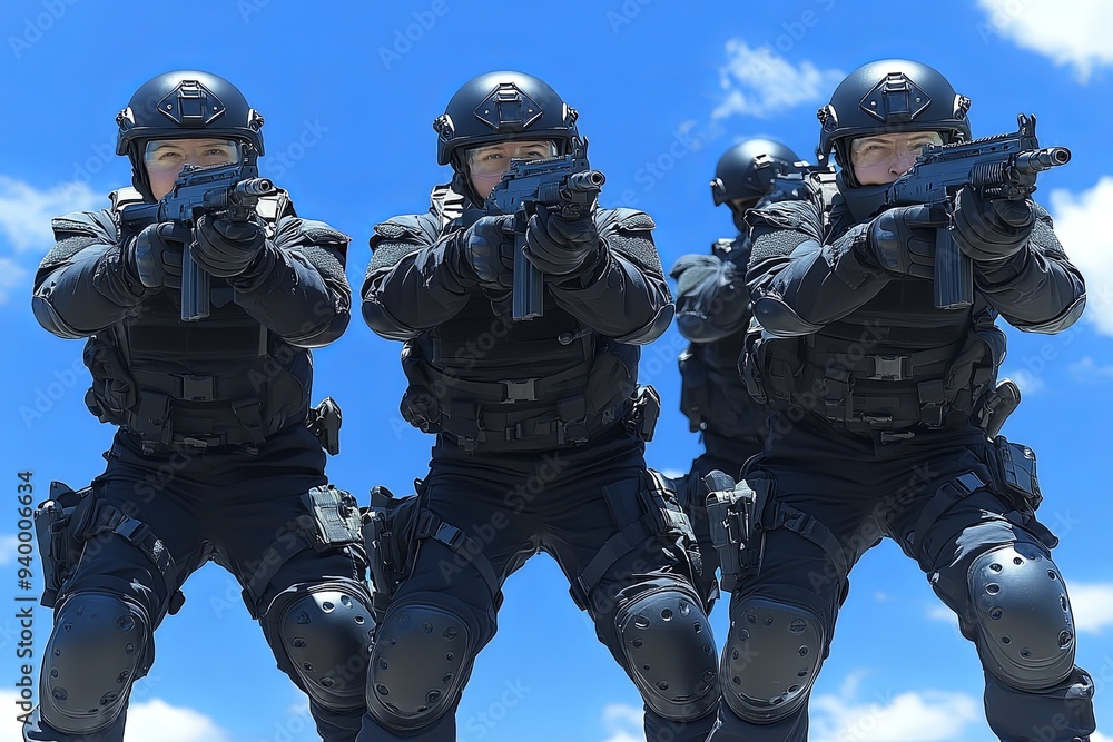 Tactical Rifle Officer Tactical officers in black gear are aiming their firearms intently ...