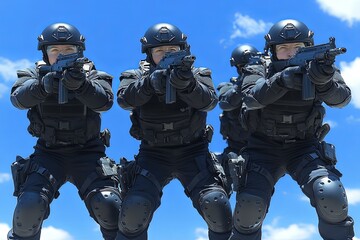 Tactical officers in black gear are aiming their firearms intently during a training drill under a clear blue sky. Generative AI