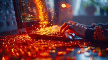 Fingers of a man programmer on a glowing keyboard writing program code working at a computer