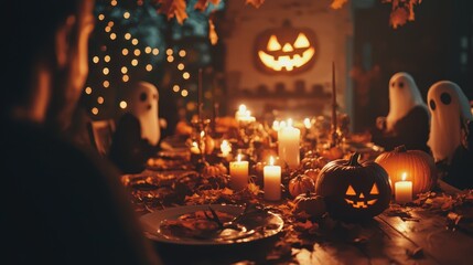 Sticker - Halloween Table Setting with Pumpkins  Ghosts  and Candles