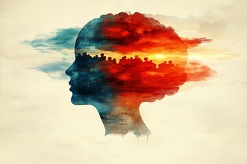 Poster - Double exposure of a human head with a sunset landscape symbolizing the harmony between nature and human thoughts emotions and the beauty of the natural world