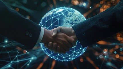 Deal business man shaking hands with effect global network link connection and graph chart of stock market graphic diagram, digital technology, internet communication, teamwork, partnership concept.