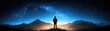 © Ai-Pixel - A silhouette of a person standing against a starry night sky, surrounded by majestic mountains and a serene landscape.