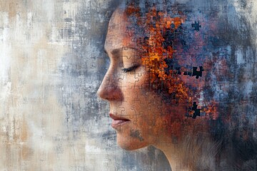 Poster - Side profile of a woman dissolving into puzzle pieces representing the complexity of identity memory and the human mind in an abstract artistic style