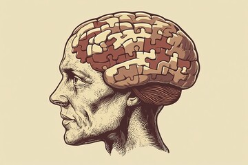 Sticker - Vintage illustration of an elderly man with a puzzle piece brain symbolizing wisdom memory and the complexity of aging and cognitive processes