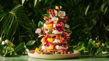 Wall Mural - Delicious Mango and Bacon Dessert Tower with Edible Flowers on Plate