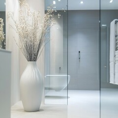 The modern bathroom with a glass shower is enhanced by a vase.