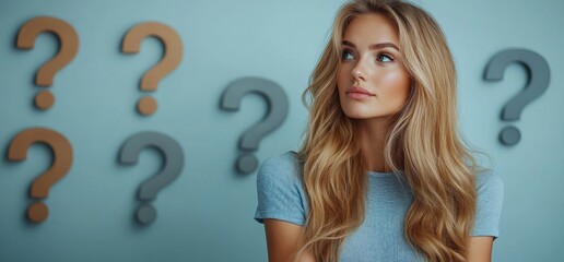 Canvas Print - Young woman with blonde hair and a questioning look in front of a blue wall with question marks.