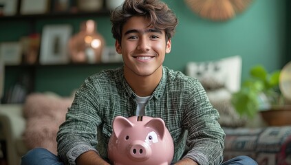 Wall Mural - Young Man Holding a Piggy Bank