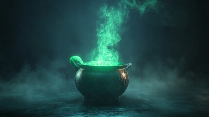 Cauldron with green potion. Foggy background