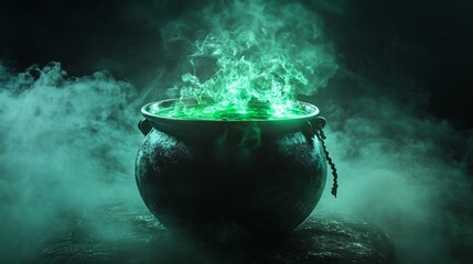 Cauldron with green potion. Foggy background