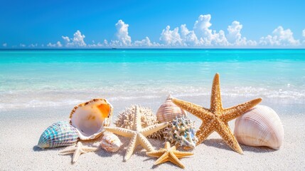 seashells and starfish on a tropical beach