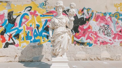 Poster - White Statue with Colorful Graffiti Wall Background