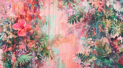 Poster - Watercolor Tropical Floral Background with Pink Hibiscus Flowers and Lush Green Palm Leaves