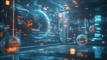Wall Mural - digital globe and data stream in abstract futuristic environment