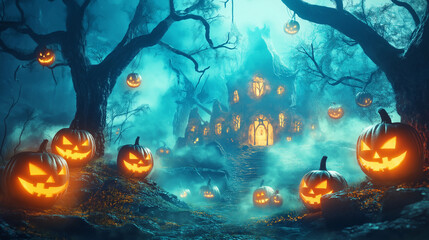 Halloween, background of graveyard, with its flickering pumpkins casting eerie shadows, created scene so scary that it made everyone feel skittish, as fear and horror of night seemed to come alive.