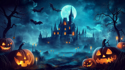 Halloween, background of graveyard, with its flickering pumpkins casting eerie shadows, created scene so scary that it made everyone feel skittish, as fear and horror of night seemed to come alive.