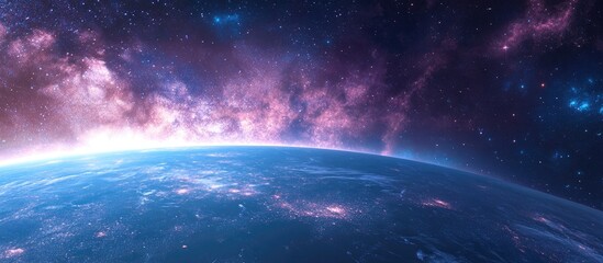 Wall Mural - Rendering of a landscape featuring the Milky Way galaxy in a 3D cartoon style showcasing an Earth view from space with the Milky Way