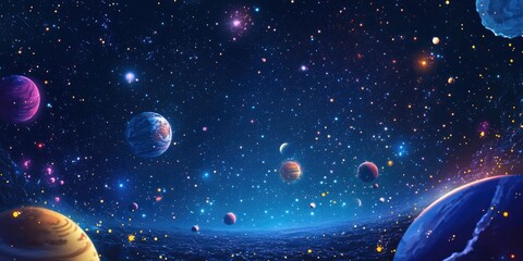 Fototapete - 2D illustration featuring a 3D cartoon rendering of deep vast space with bright stars planets and moons Various science fiction inspired creative backdrops depict alien solar systems and distant re