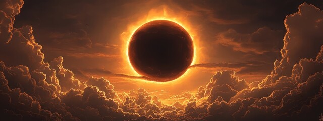 Wall Mural - Rendering of a solar eclipse in 3D cartoon style featuring clouds and silhouettes in the foreground