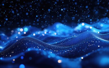 Poster - Winter storm depicted in a 3D cartoon rendering featuring abstract blue sparkles on a dark background Fractal art 3D rendering