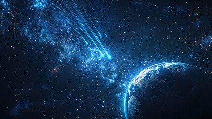 Colorful starry space featuring planet earth with a perseid meteor shower in a 3D cartoon rendering accompanied by copy space HD space header or banner design