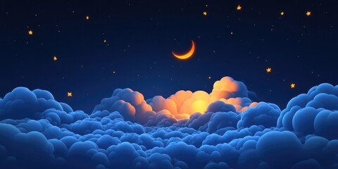 Poster - 3D cartoon depiction of a night sky space featuring clouds and stars