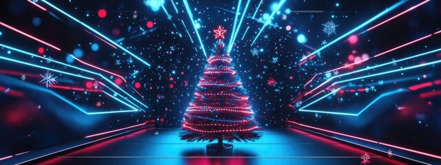 Neon techno Christmas tree in a 3D cartoon rendering with a cosmic blue dark retro futuristic abstract background