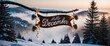 © bluebeat76 - Hello december sign hanging from a branch covered in snow with a view of a valley