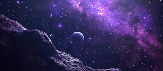 Fototapete - Cartoon 3D rendering featuring a space background with a purple nebula and stars