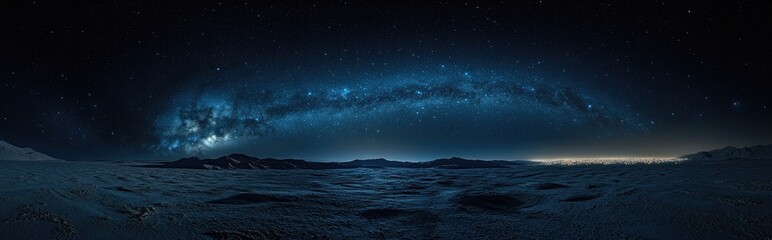 Wall Mural - Panoramic view of the Milky Way galaxy on the desert horizon at night in a 3D cartoon rendering showcasing the universe and cosmos with some light pollution on the right side