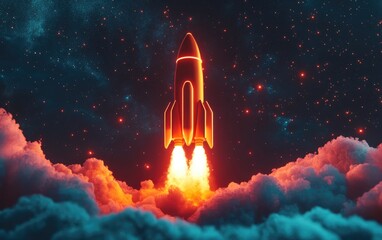 Poster - Rocket takes off into space with a light blast in a starry sky depicted in 3D cartoon rendering Spaceship launch against a dark background concept