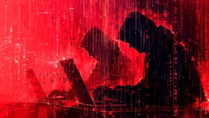 Silhouette of hacker using laptop with abstract digital symbols isolated on red background