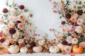 Wall Mural - A white background with a large floral arrangement of pink and orange flowers