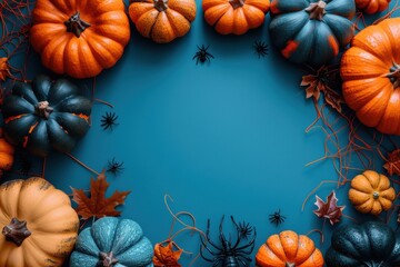 A blue background with a bunch of pumpkins and spiders