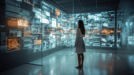 Wall Mural - woman standing in futuristic room with digital screens