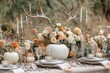 © Khawla - A white pumpkin and antler centerpieces with candles on the table for an autumn wedding, and fall floral arrangements