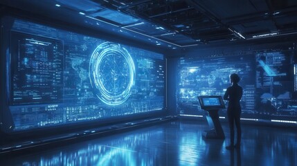 Wall Mural - futuristic data center room with woman and digital displays