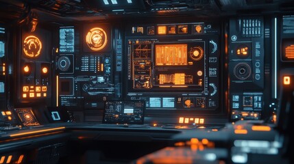 Wall Mural - futuristic interface control panel with orange and blue lights